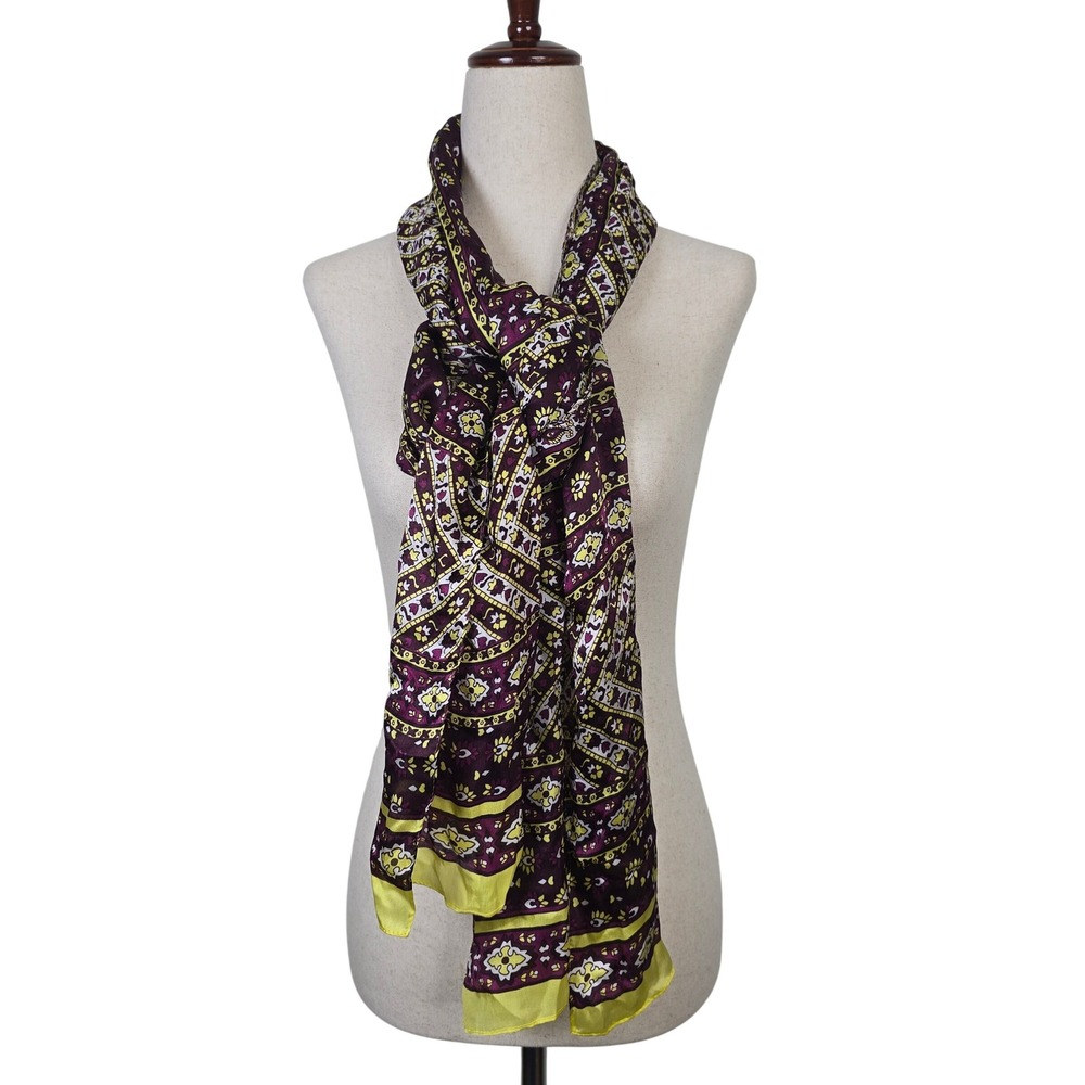Vince Camuto 100% Silk Scarf Purple Yellow Geometric Floral Medallion Rectangle